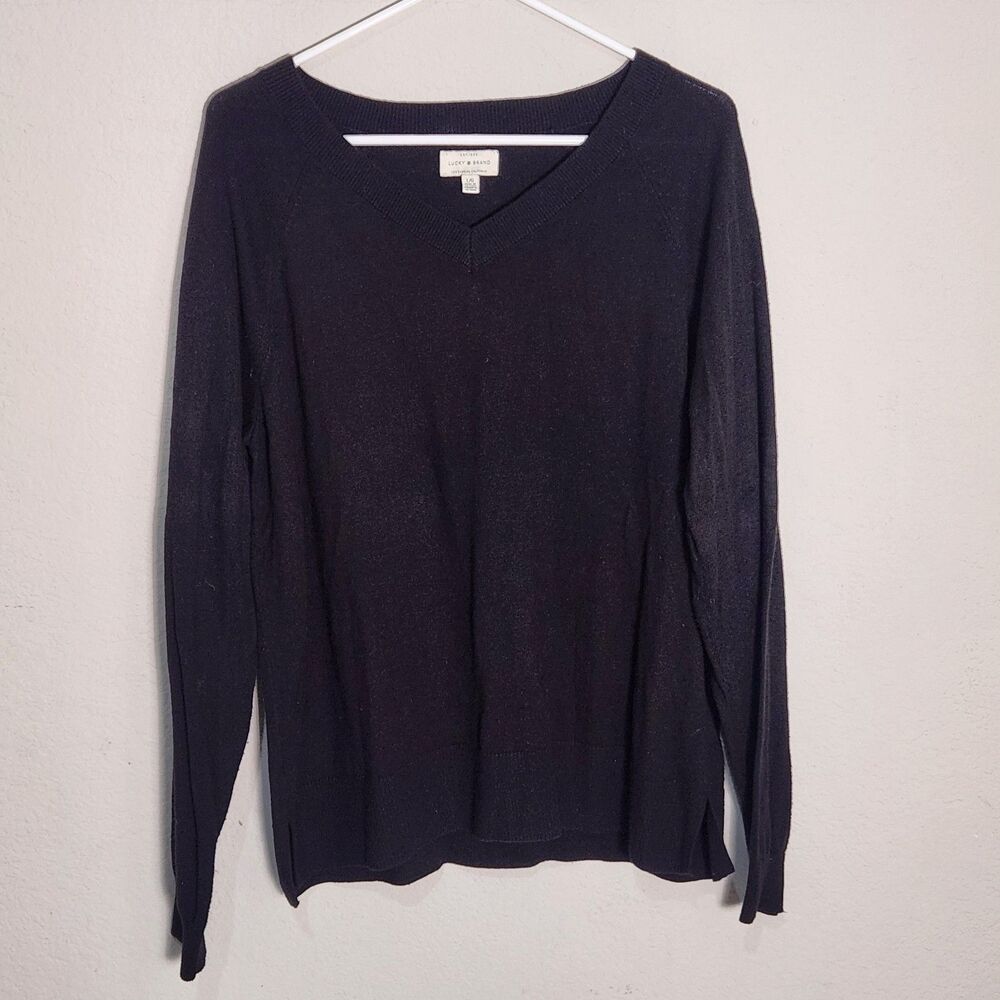 Lucky Brand Womens Large Black V Neck Sweater Long Sleeve Knit Pullover Soft